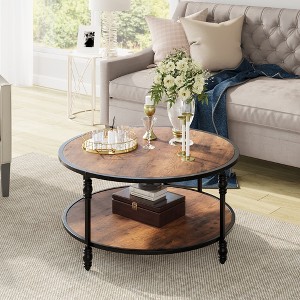 Coffee Table Round Rustic Center Table with Storage Shelf Wood Circle Coffee Table with Sturdy Metal Legs Living Room - 1 of 4