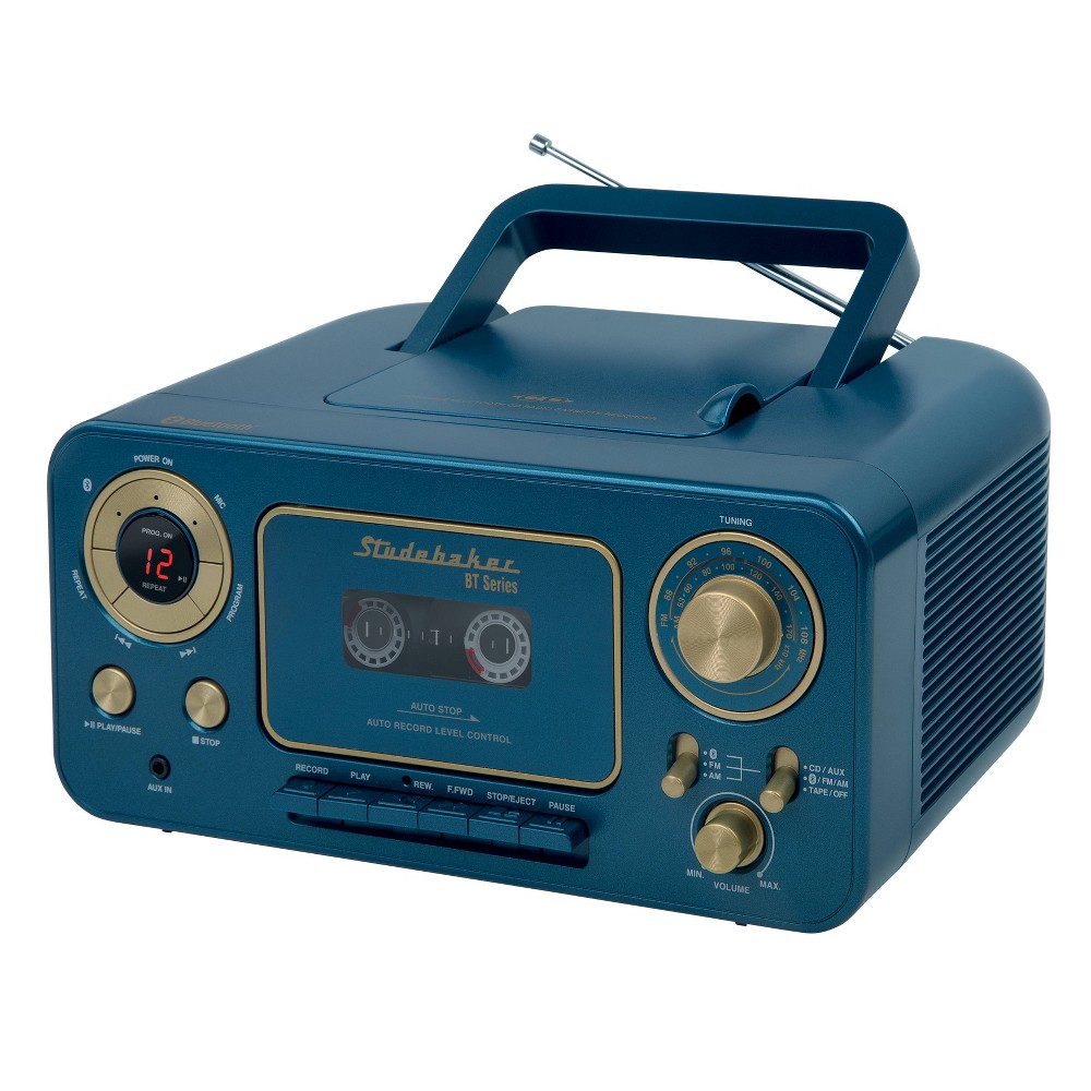 Studebaker SB2135BTBL Portable Stereo CD Player with Bluetooth - AM/FM and Cassette Player - Blue