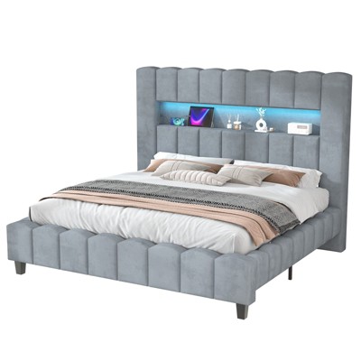 Bed Frame with LED Lights, Upholstered Platform Bed Frame with 51.2" Storage Headboard