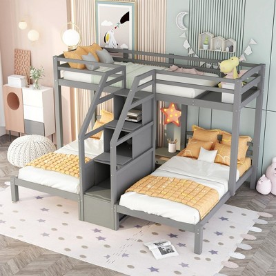Twin And Twin Wood Triple Bunk Bed With Built-in Staircase Storage Drawer Safety Guardrails Easy Assembly Wooden Slat Support No Spring Box Needed