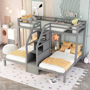Twin And Twin Wood Triple Bunk Bed With Built-in Staircase Storage Drawer Safety Guardrails Easy Assembly Wooden Slat Support No Spring Box Needed - 1 of 4