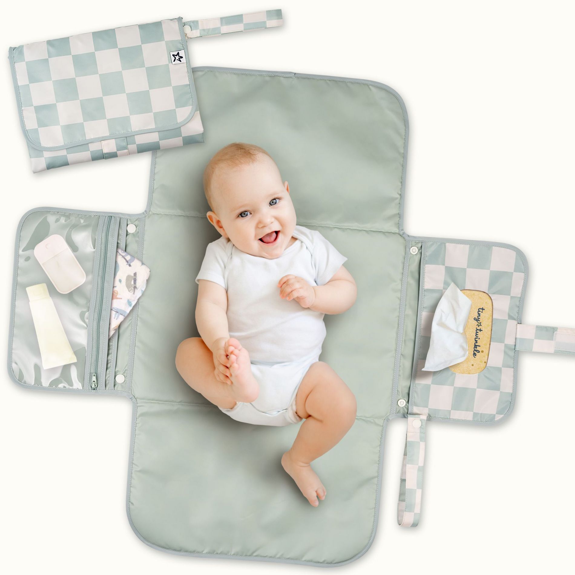 Tiny Twinkle Portable/Foldable Waterproof Diaper Changing Pad with Smart Wipes Pocket (Sage Checkers)