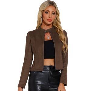 Allegra K Women's Faux Suede Stand Collar Zip Up Long Sleeve Moto Biker Jacket - 1 of 4