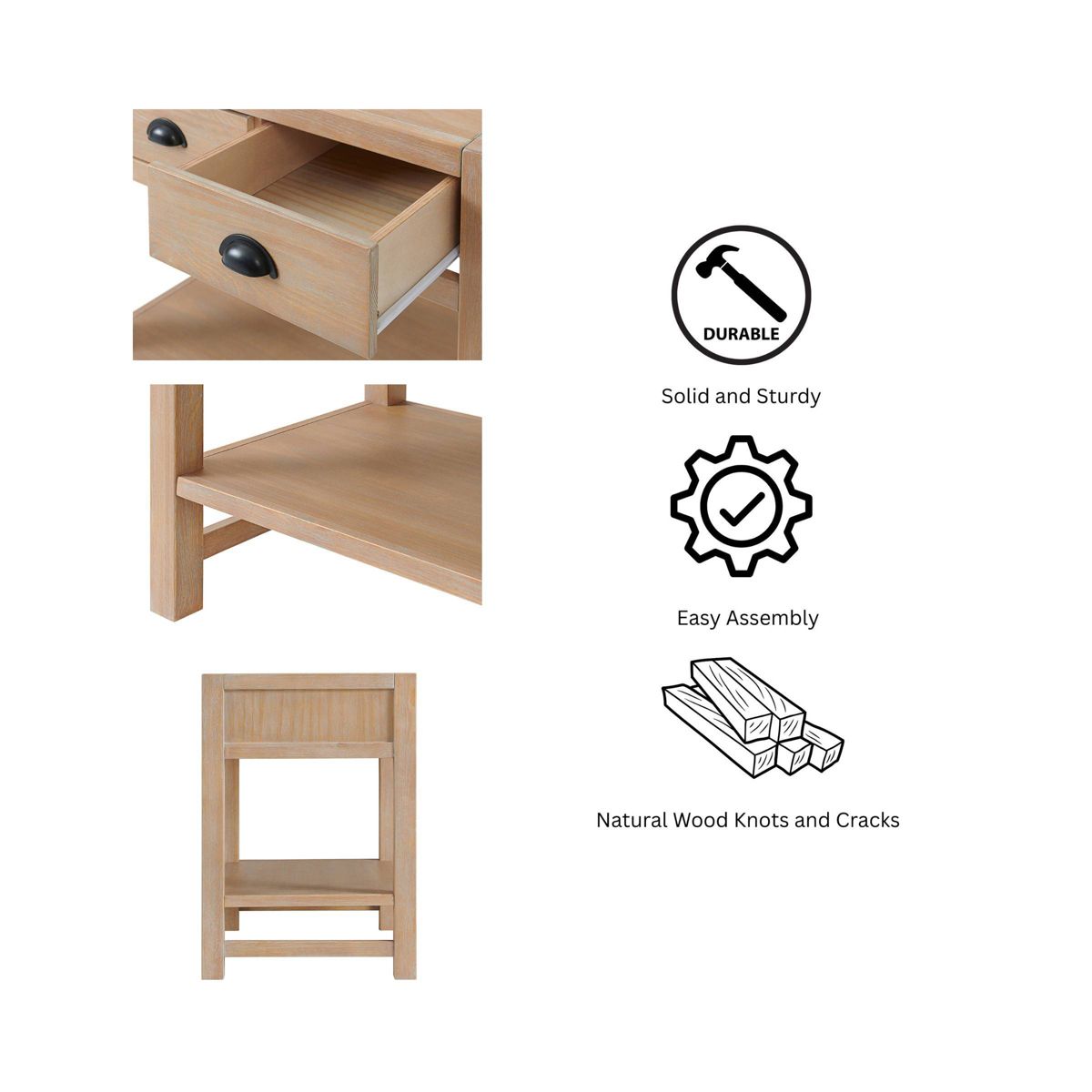 Arden 2 Drawer Wood Nightstand with Open Shelf Light Driftwood - Alaterre Furniture: Solid Pine Bedside Storage - thumbnail 3