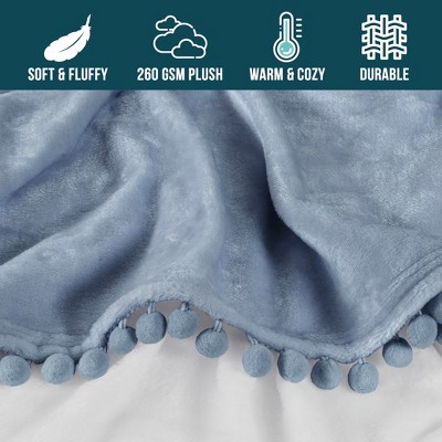 Cozy Dusty Blue Fleece Twin Throw with Pom Pom Fringe