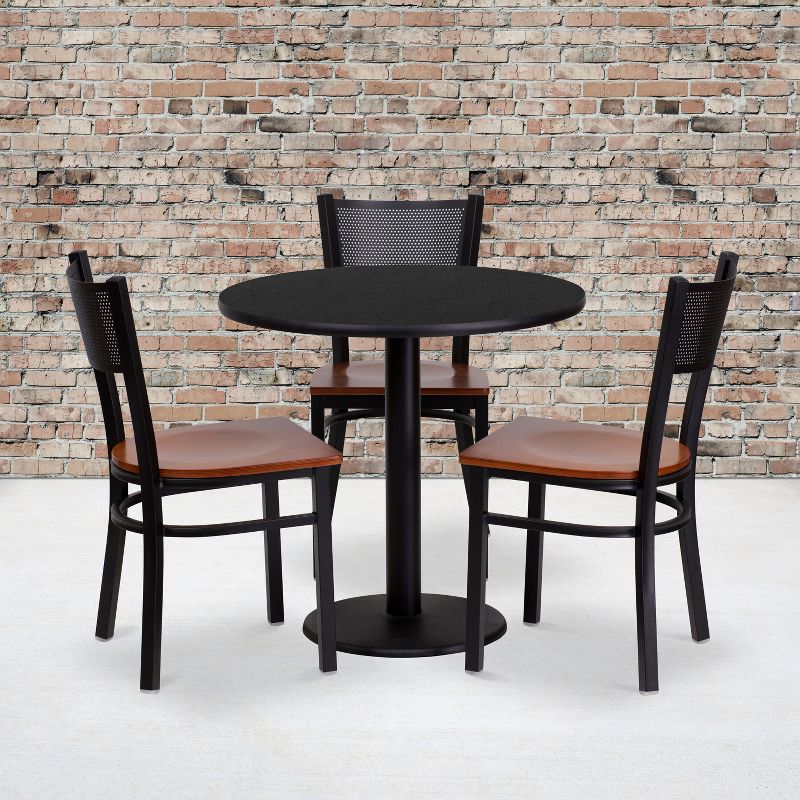 Flash Furniture 30'' Round Black Laminate Table Set with 3 Grid Back Metal Chairs - Cherry Wood Seat, 2 of 3