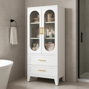 Metal Storage Cabinet with Glass Doors & Drawer, Adjustable Shelves - Pantry, Kitchen, Living, Dining, Laundry, Bath Organizer,White - 1 of 4