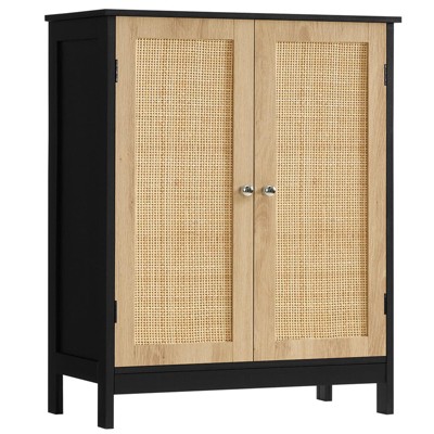 USIKEY Storage Cabinet with 2 Storage Shelf, Rattan Cabinet with Doors, Accent Cabinet for Living Room, Entryway, Home Office