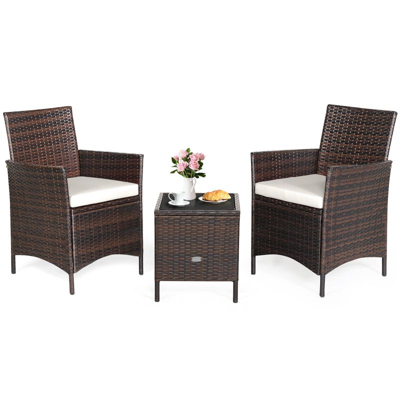 Tangkula 3 Pieces Patio Rattan Conversation Furniture Wicker Chairs with Coffee Table & Cushions Red/Blue/White, 1 of 8