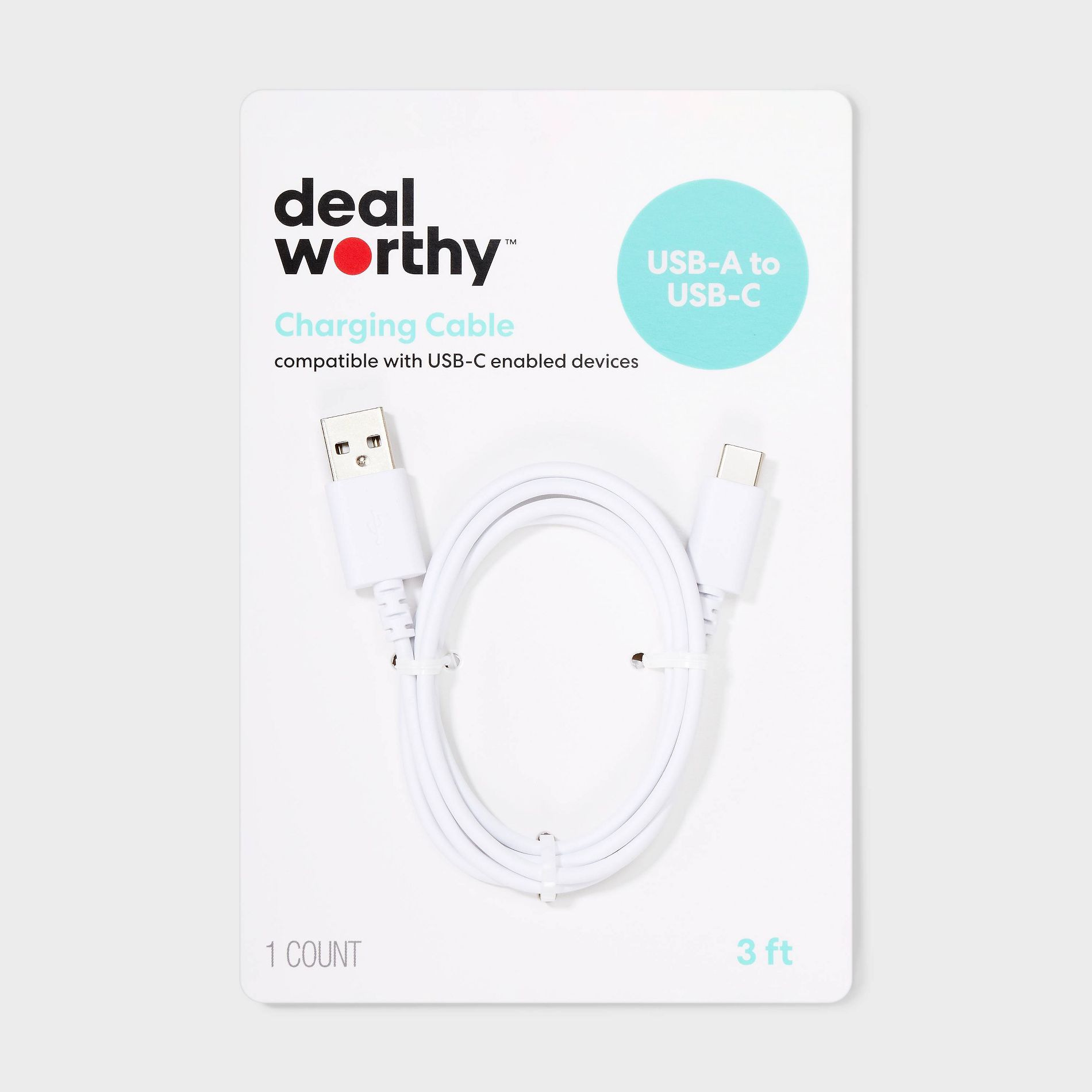 3' USB-A to USB-C Cable - dealworthy™ White