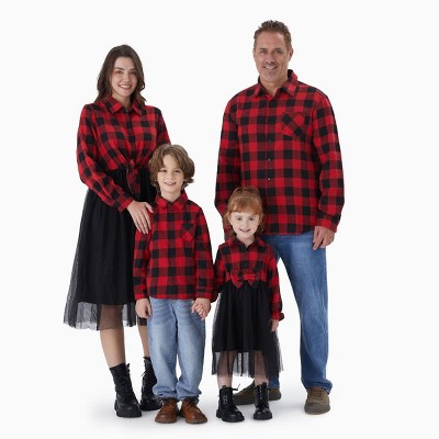 PATPAT Family Matching Outfits Mommy and Me Dresses Matching Set Long Sleeve Tulle Mesh Dress Buffalo Plaid Button Down Shirt