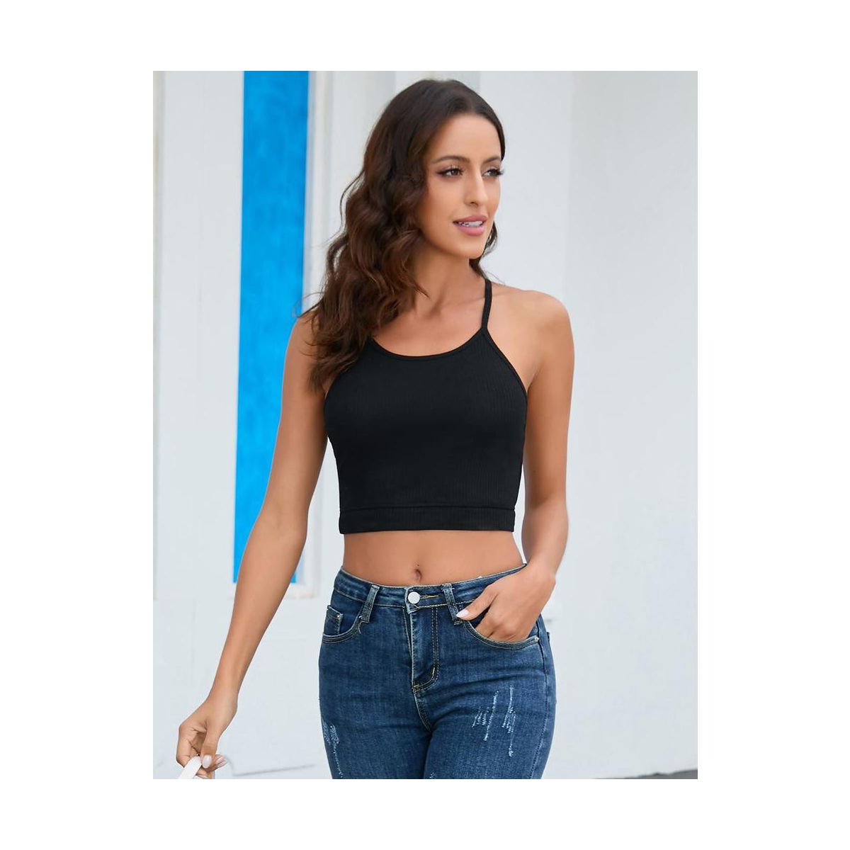 Womens Spaghetti Strap Camisole Tank Ribbed Cropped Basic Sleeveless Tops Sports Bra for Women Non Padding Yoga Bra Crop - thumbnail 4