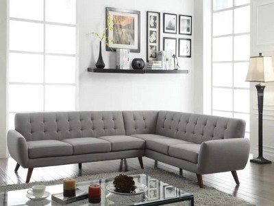 Elegant Mid-Century Light Gray Linen & Wood Sectional Sofa