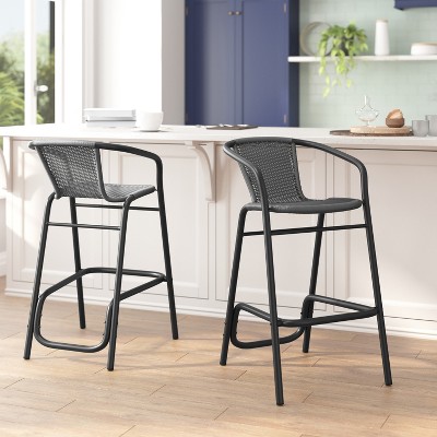 Gray Rattan and Black Aluminum Indoor-Outdoor Barstools with Arms, Set of 2