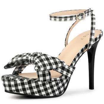 Perphy Women's Open Toe Bow Strap Slingback Stiletto High Heels Plaid Sandals