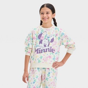 Girls' Minnie Mouse Ditsy Floral Dreamy Fleece Sweatshirt - Ivory - 1 of 4