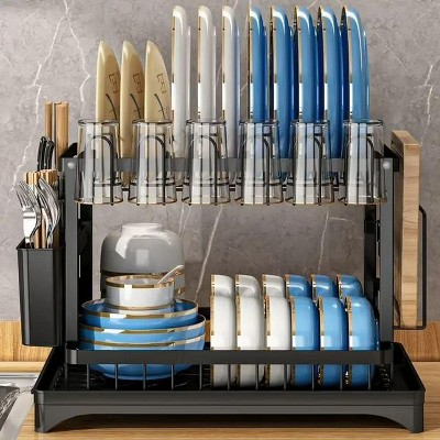 TOBILI Lakecy Over Sink Dish Rack Double Layer Stainless Steel with Auto Drain Drip Tray and Cutlery Holder Space Saving Black
