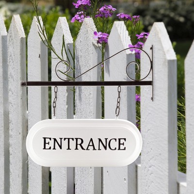 White and Black Enamelware Wall-Mounted Entrance Sign with Metal Bracket