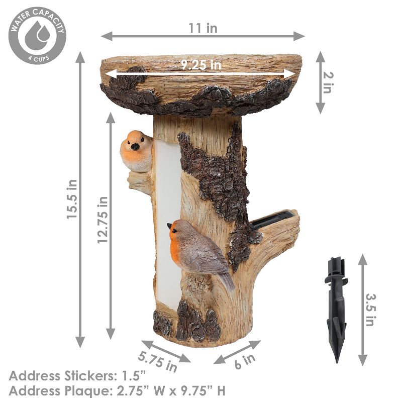 Sunnydaze Staked Country Tree Stump Bird Bath with Solar Lighted Address Plate - 15.5", 4 of 12