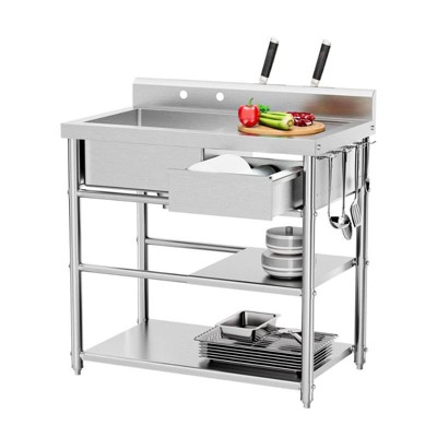 Winado 36 in. Stainless Steel Freestanding Single Bowl Sink Laundry/Utility Sink in Silver with Drawer & Hanging Hook