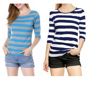 Allegra K Women's Elbow Sleeves Round Neck Slim Fit T-Shirt 2 Packs - 1 of 4