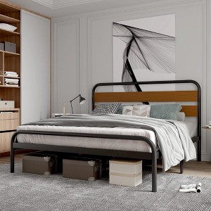 King Size Bed Frame, Heavy Duty Platform Frame with Wooden Headboard and Under-Bed Storage, Noise Free Design Mattress Foundation, Easy Assembly - 1 of 4