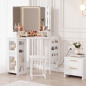 Modern Corner Vanity Desk & Stool Set –With LED Lighted Mirror, Built-In Charging Station & Cabinet for Bedroom - 1 of 4