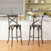 Set of 2 Steel Barstools with Solid Elm Wood Seat and Back Support Rustic - Glitzhome: Hand-Painted, X-Back Design, Footrest - 3 of 4