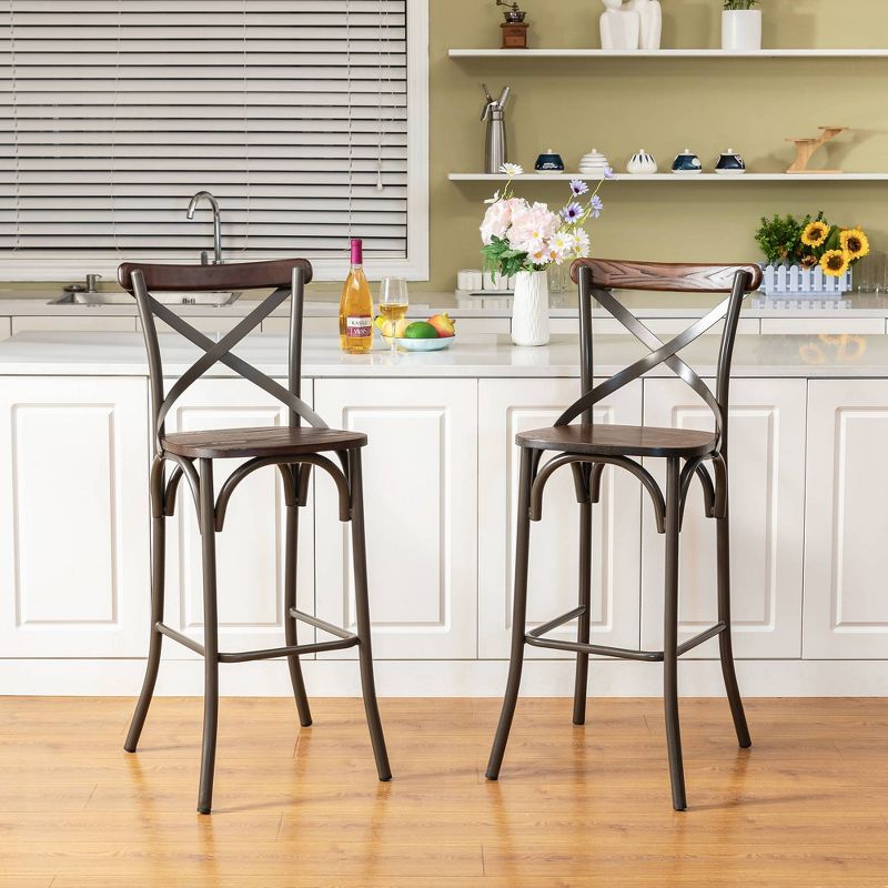 Set of 2 Steel Barstools with Solid Elm Wood Seat and Back Support Rustic - Glitzhome, 4 of 11