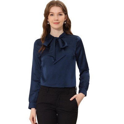 Allegra K Women's Satin Bow Tie Neck Solid Work Office Blouse Dark Blue  X-small : Target