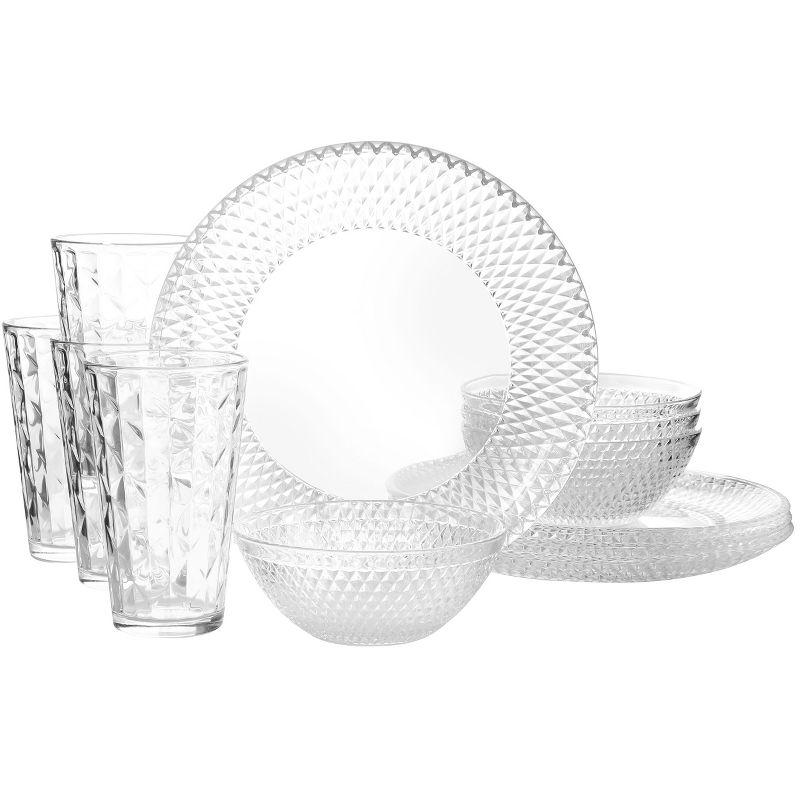 Gibson Home Clearview Diamond 12 Piece Embossed Glass Dinnerware Set, 1 of 8