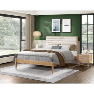 ORRD Queen Solid Wood Bed Frame, Chenille Upholstered Headboard, Mid-Century Modern Platform Bed, No Box Spring Needed, Cream - 1 of 4