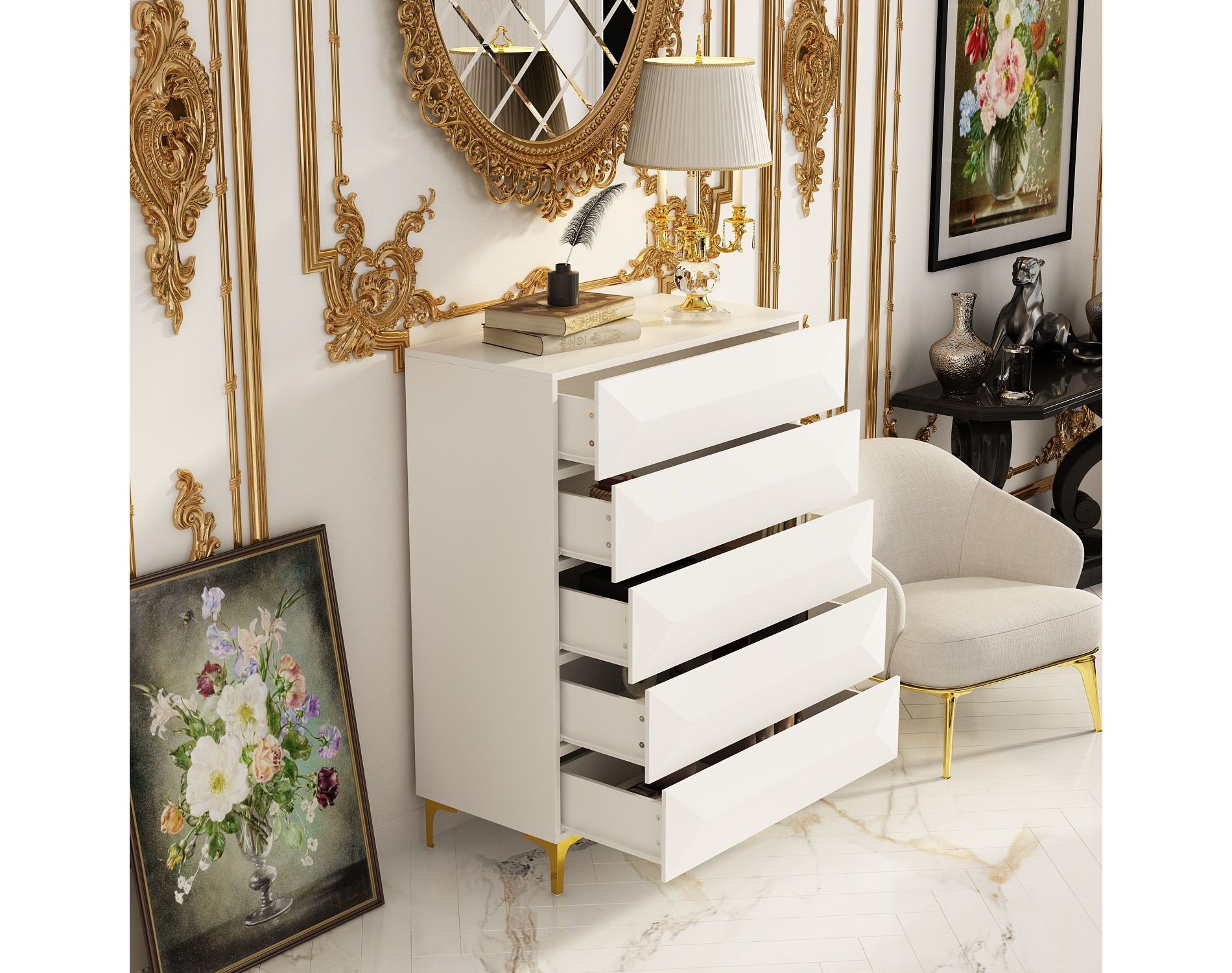 Famapy White 5-Drawers Dresser With Gold Metal Legs