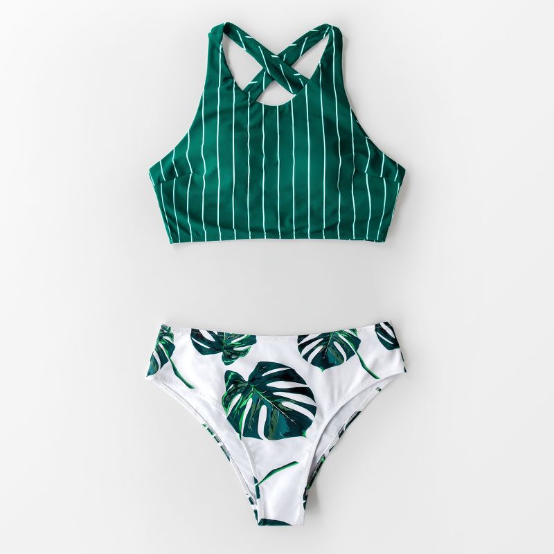 Women's Teal Stripe and Leaves Print Bikini -Cupshe- Green/White, 2 of 8