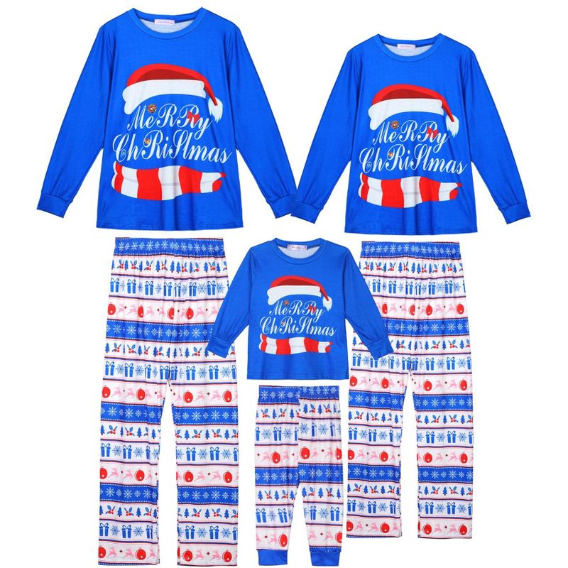 cheibear Christmas Cute Letters Print Long Sleeve Tee with Pants Loungewear Family Pajama Sets Blue, 1 of 5