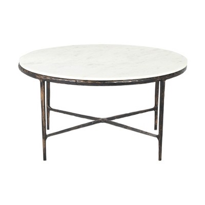 HomeRoots 36" White And Brown Genuine Marble And Aluminum Round Coffee Table