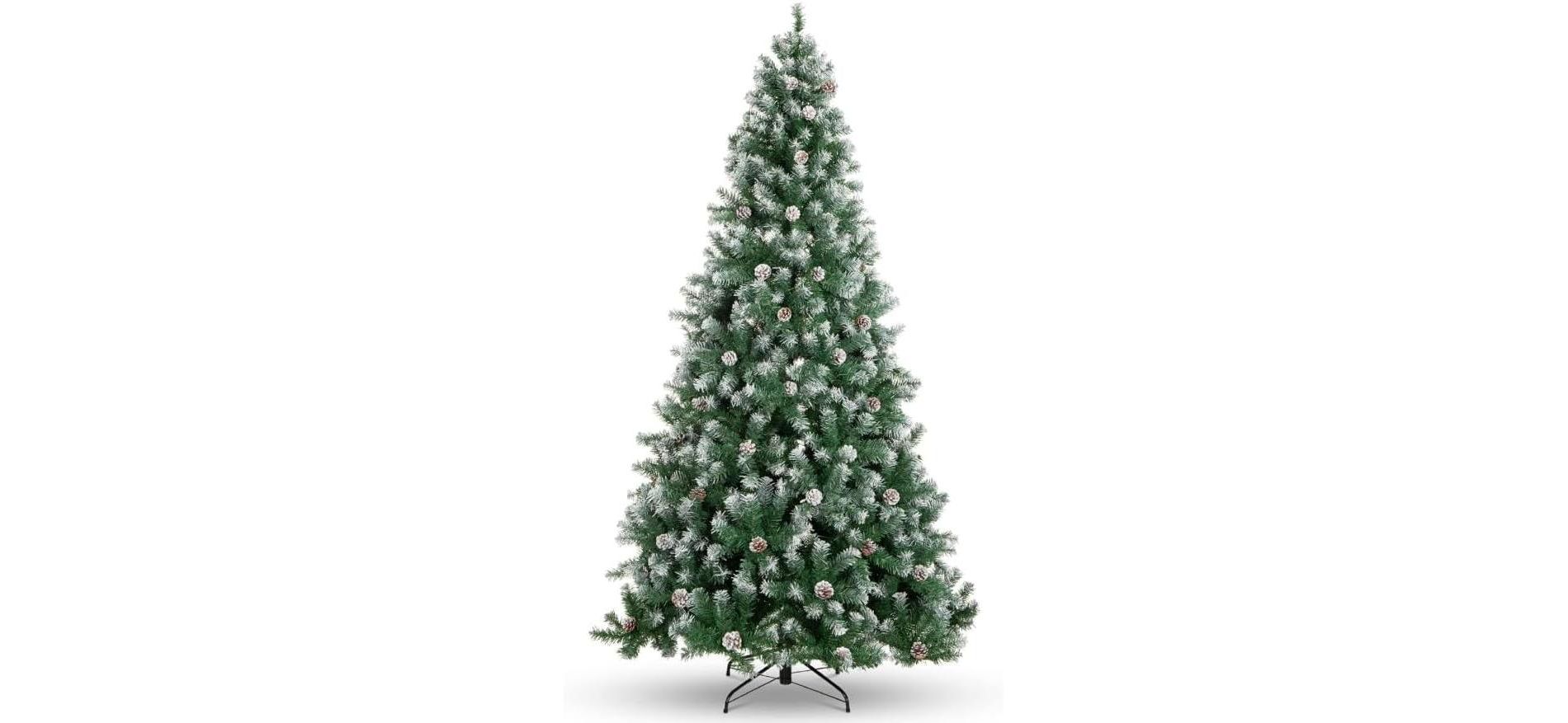 6FT Pre-Lit Artificial Christmas Tree with Pinecones, Warm White Lights, Hinged Branches, PVC Fir Tips, Easy Assembly