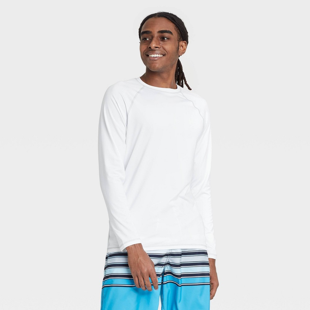 Photos - Swimwear Men's Long Sleeve Rash Guard Swim Shirt - Goodfellow & Co™ White XXL: UPF 50+, Recycled Polyester