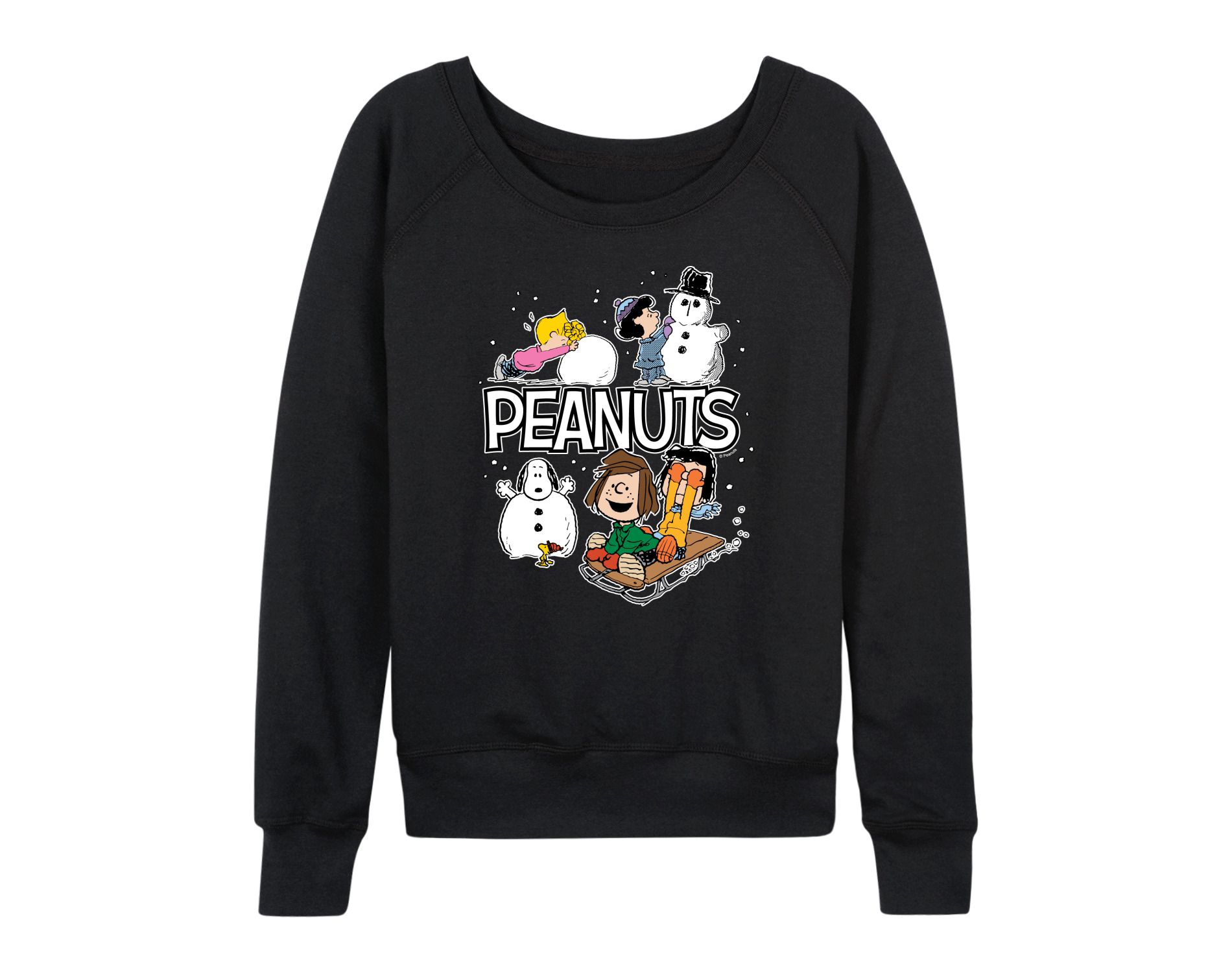 Women's - Peanuts - Winter Stickers Lightweight French Terry Wide Neck Long Sleeve Graphic Shirt
