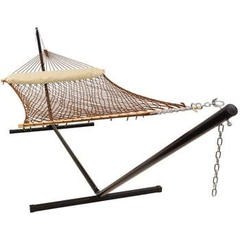 Sunnydaze Large Double Wide Two-Person Polyester Rope Hammock with Steel Stand - 400 lb Weight Capacity/15' Stand - Brown