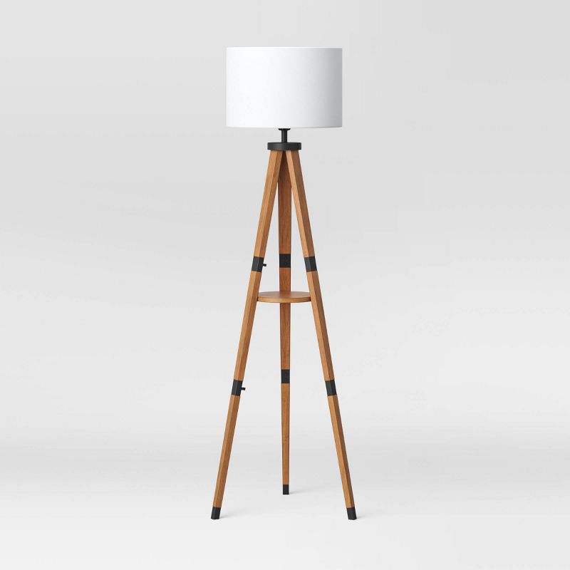 Tripod Floor Lamp with Shelf Brown Wood - Threshold™, 1 of 8