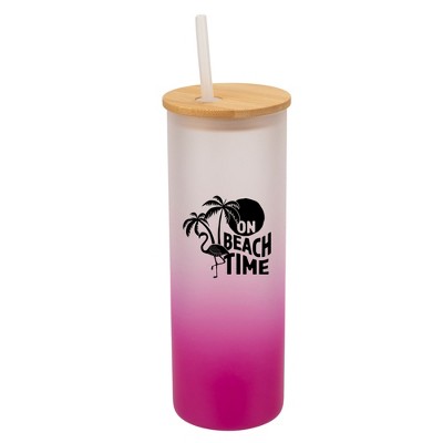 Elanze Designs On Beach Time Summer Vibes Wrap-Around Design 25 Ounce Frosted Gradient Glass On-The-Go Coffee Travel Skinny Tumbler Mug Cup, Bamboo