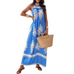 Women's Floral Print Halter Neck Dress Summer Sleeveless Maxi Sundress - 1 of 2
