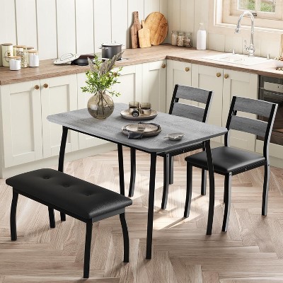 Kitchen Table Set for 4，4-Piece Dining Table with 2 Chairs & PU Upholstered Bench, Cutting Corner Tabletop