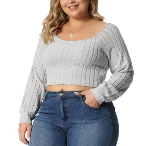 Agnes Orinda Women's Plus Size Ribbed Knit Soft Warm Outfits Long Sleeve  Crop Tops Gray 2X