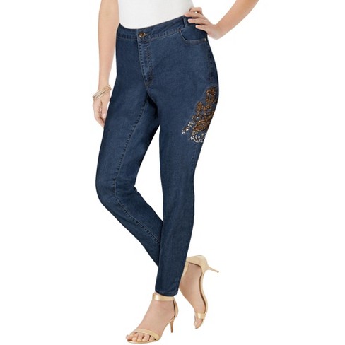 Roaman's Women's Plus Size Embellished Skinny Jean, 16 W - Gold Floral  Embellishment : Target