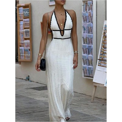 Clotth Women's Sensual Tie Backless Maxi Crossed  Halter Dress Deep V Neck Sleeveless Knit Elegant Dresses