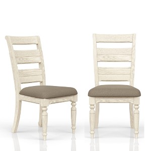 Ladder Back Side Chair Set of 2, Caramel Finish with Taupe Upholstered Seat, Rustic Farmhouse Dining Chairs - 1 of 4