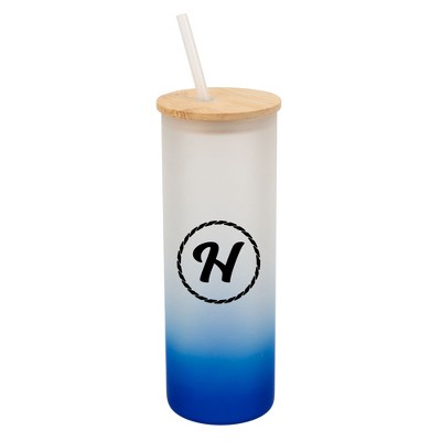Elanze Designs H Monogram Letter Initial Rope Circle Wrap-Around Design 25 Ounce Frosted Gradient Glass On-The-Go Coffee Travel Skinny Tumbler Mug
