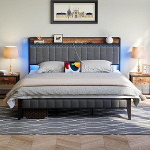 coucheta Bed Frame with Charging Station and Upholstered Storage Headboard, Platform Bed Frame with LED Lights, No Box Spring Needed, Easy Assembly - 1 of 4